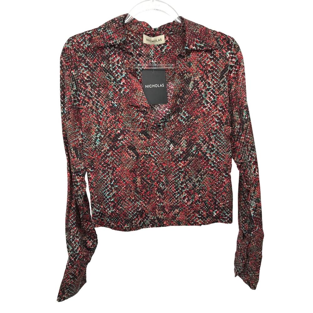 Nicholas Womens Page V-Neck Long Sleeve Satin Blouse 0 Water Snake Print